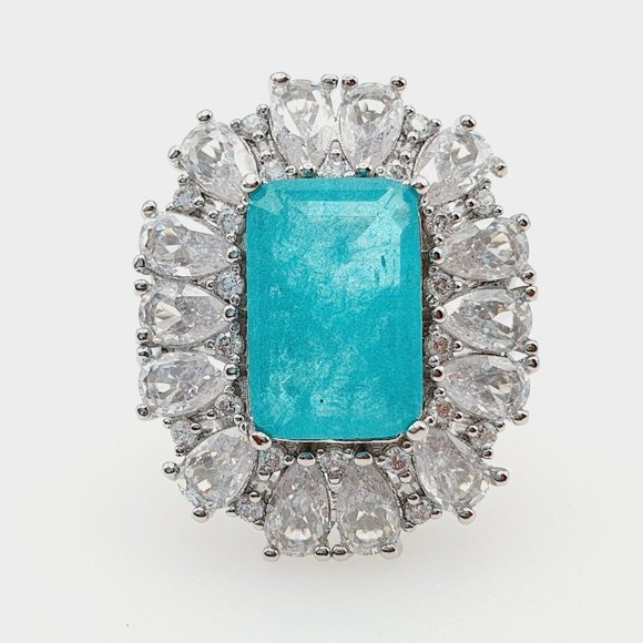 🎁 925 Silver Exclusive Blue Emerald Cut Cubic Zirconia Ring, FB16FA1064 - Picture 2 of 8